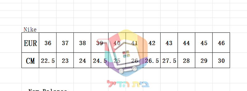 טבלת מידות של הספק